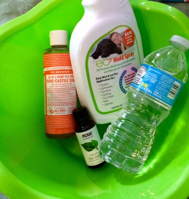 I put my castile soap, my distilled water, my EC3 Spray and my tea tree oil in a large plastic bowl, so I have everything I need in one place.