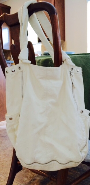 My clean, mold-free purse hanging out to finish drying out the last bit of dampness from the wash.