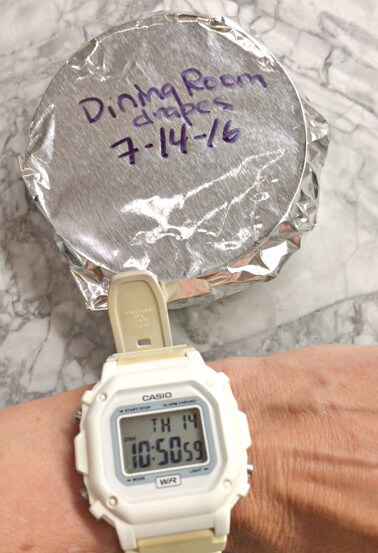 Then, I cover the test plate in aluminum foil, so that light cannot get to it, and label it again. Also, I put my watch next to the plate with the date clearly visible, so that my readers can trust my results.
