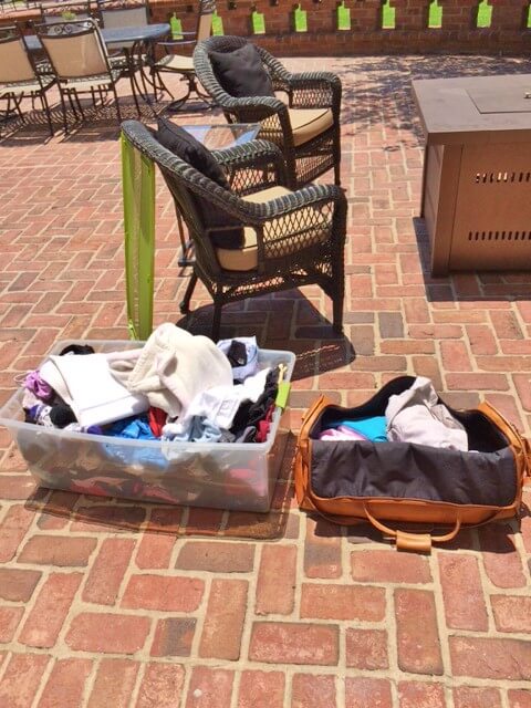 My clothing bins and luggage bags are assembled in a large outdoor area, where I am able to fog them thoroughly and safely.